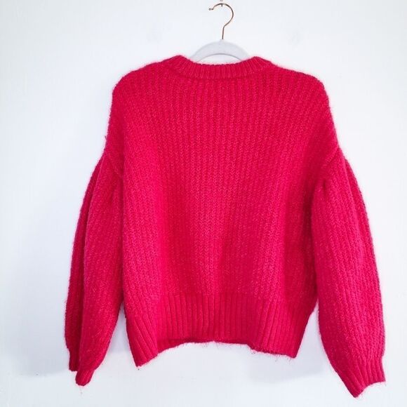 Chunky Knit Bright Pink Gathered Balloon Sleeve Crewneck Sweater - Picture 2 of 4